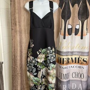 Ted Baker Midi Floral Black Dress with adjustable straps & gold tone zipper sz 5